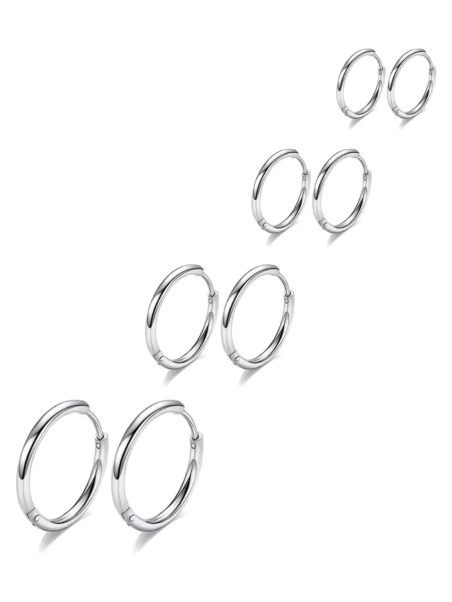 4 Pairs Silver Tone Earrings Set, Stainless Steel Earrings For Women And Men, Cartilage Earrings, Lobe Earrings, Hinged Earrings, Small Size Earrings Set, Suitable For Girls - Silver-6/8/10/12mm - View 1