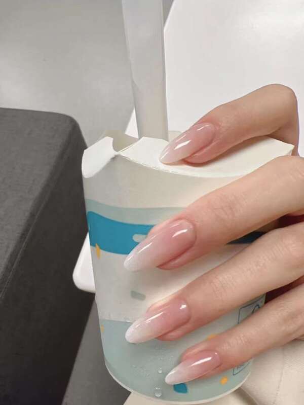 24 Long Almond Shaped Press On Nail French Cherry Blossom Rice Powder Milky Gradient Fingernail False Nails With 1 Piece Jelly Glue And 1 File Strip