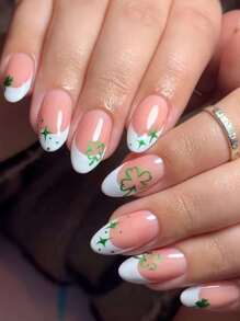 24入組/套法式中長杏仁假指甲，白色搭配幸運四葉草和清新綠色 Ins 元素，閃光美甲裝飾，可拆卸假指甲，帶指甲銼和果凍膠 - 彩色 - 查看 1