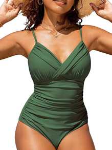 Solid Ruched One Piece Swimsuit Summer - Army Green - View 1