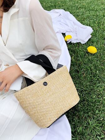 Bolso tote de paja de gran capacidad tejido con vacación estilo