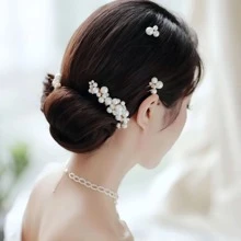 5入組新娘髮飾套裝，韓式甜美假珍珠花朵髮梳和髮夾，適用於婚禮、正式場合