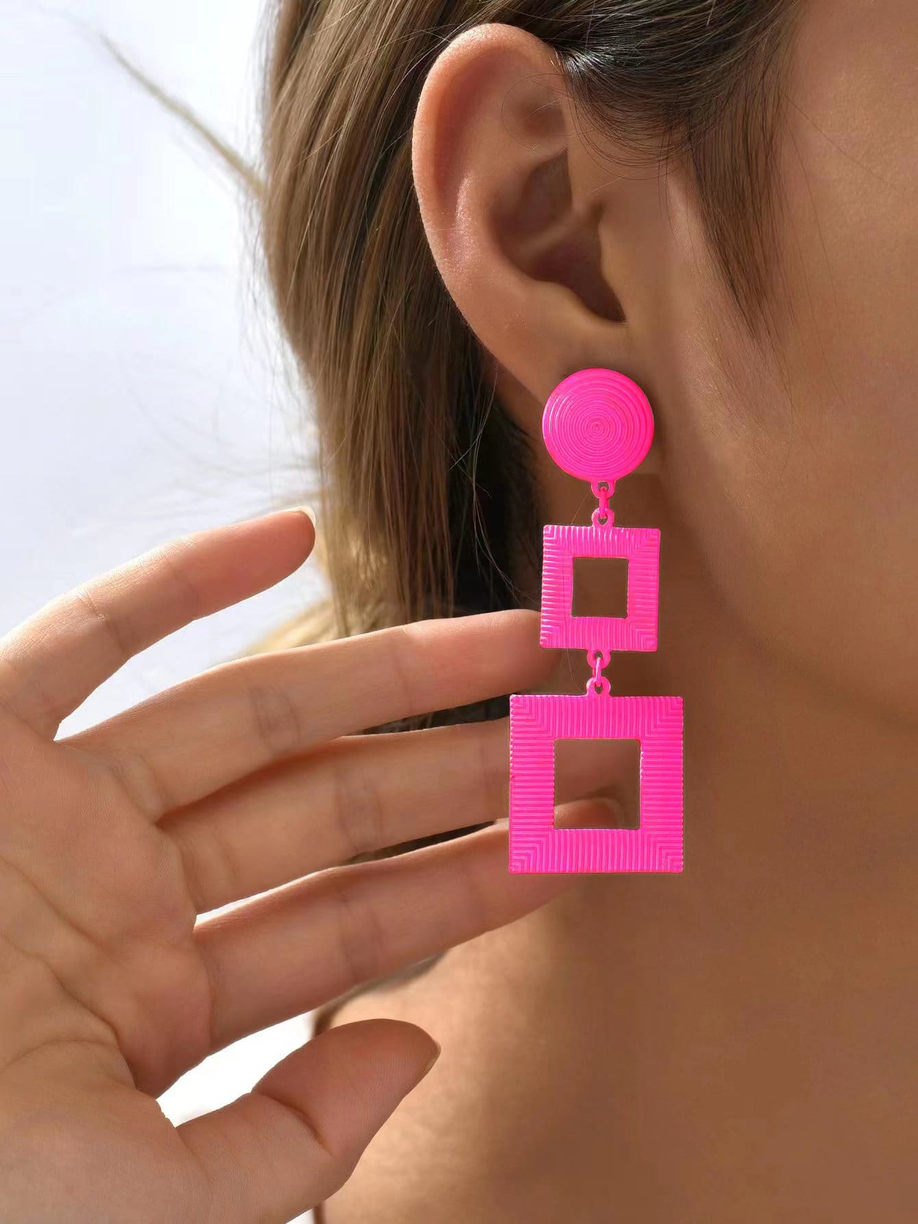 1pair Classic Simple Multilayer Geometric Square Shape Earrings - Hot Pink - View 1