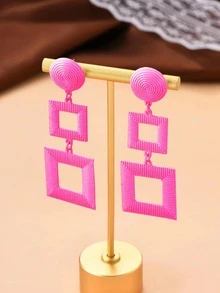 1pair Classic Simple Multilayer Geometric Square Shape Earrings - Hot Pink - View 2