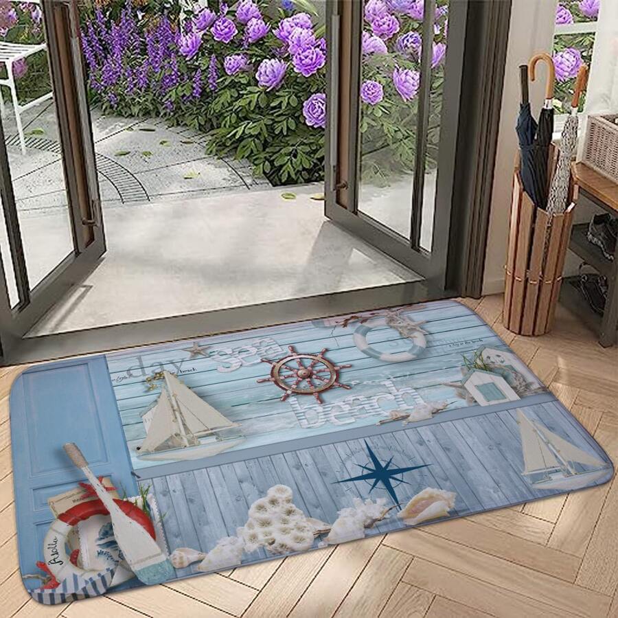 海洋海灘印刷防滑吸水性室內入口地墊防汙簡單至乾淨法蘭絨門墊合適適用於客廳臥室門航海旅行1片 - 彩色 - 查看 1