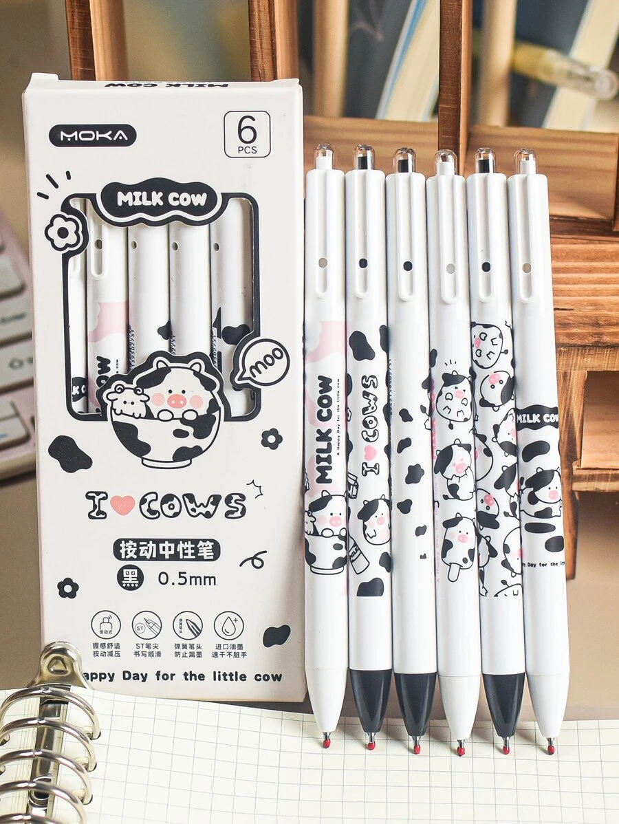 MOKA 6套裝的開學季學生辦公室用品奶牛圖案中性筆按筆黑色鋼筆頭髮1套裝 - 彩色 - 查看 1