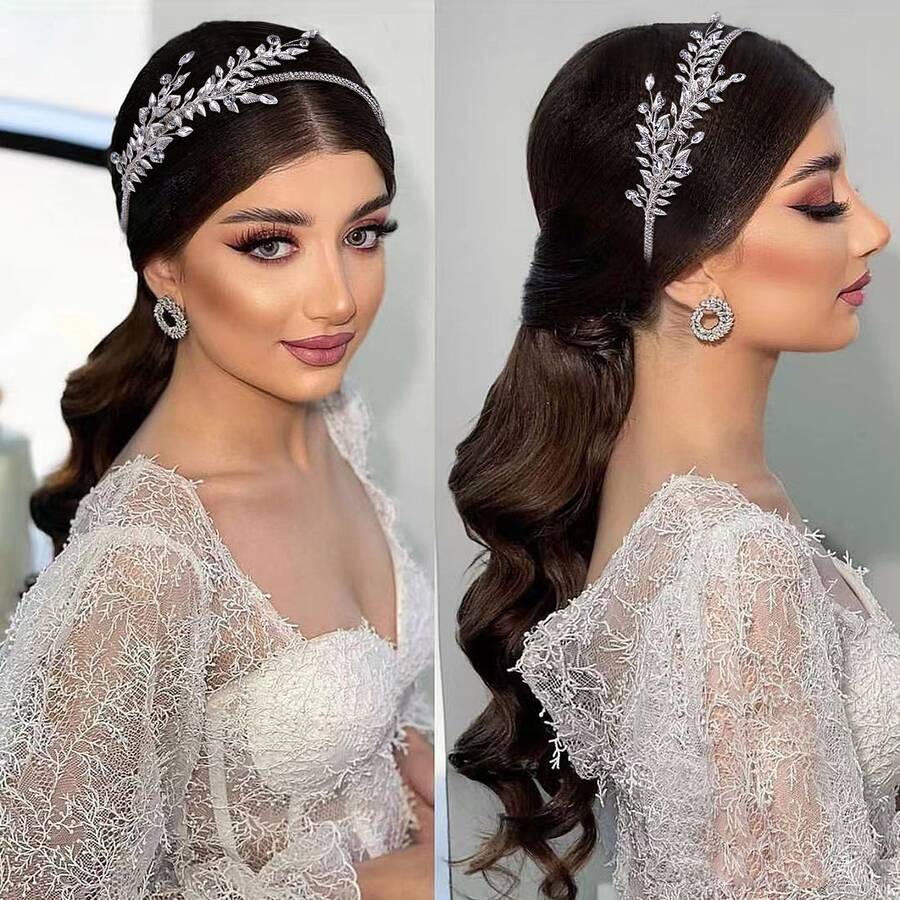 1入歐美婚禮頭飾，奢華水晶裝飾，金色葉子合金髮箍，適用於婚紗皇家頭冠 - 銀色 - 查看 1