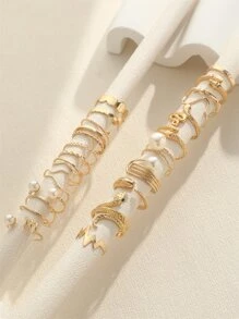 23入組時尚假珍珠戒指套裝,y2k多元素幾何戒指套裝 - 金色 - 查看 2