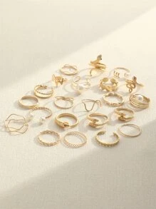 23入組時尚假珍珠戒指套裝,y2k多元素幾何戒指套裝 - 金色 - 查看 3