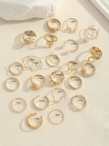 23入組時尚假珍珠戒指套裝,y2k多元素幾何戒指套裝 - 金色 - 查看 7