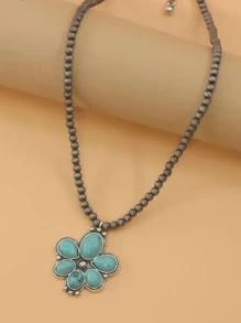 1套裝綠松石色時髦和簡約風串珠花項鍊和耳環套裝適用於每天禮物 - 彩色 - 查看 5