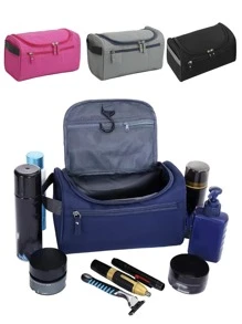 拉链旅行盥洗包洗漱包化妆包女士收纳袋挂钩化妆包男士手提包大容量收纳化妆盒 - 藍色 - 查看 1