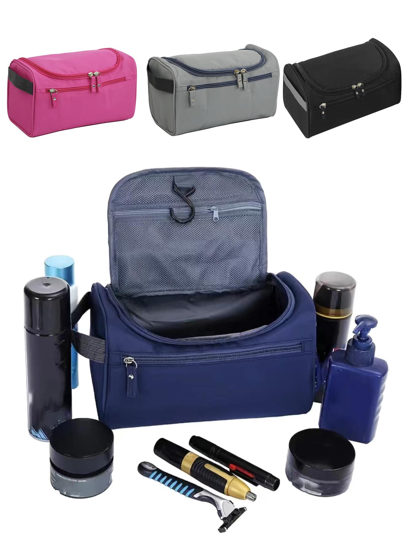 拉链旅行盥洗包洗漱包化妆包女士收纳袋挂钩化妆包男士手提包大容量收纳化妆盒 - 藍色 - 查看 1