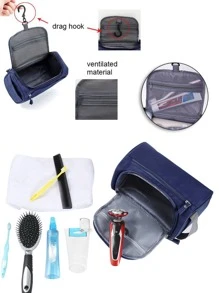 拉链旅行盥洗包洗漱包化妆包女士收纳袋挂钩化妆包男士手提包大容量收纳化妆盒 - 藍色 - 查看 3