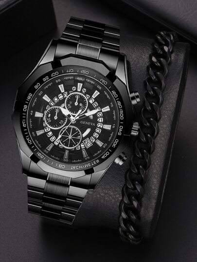 2pcs set Business Style Men s Stainless Steel Quartz Watch With Date Function Alloy Bracelet Watch Set SHEIN