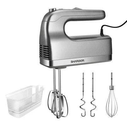  SHARDOR Hand Mixer, 350W Handheld Mixer With Storage Case 5-Speed Plus Turbo Hand Mixer Electric With 5 Attachments(2 Beaters, 2 Dough Hooks And 1 Whisk), 304 Stainless Steel, Silver.