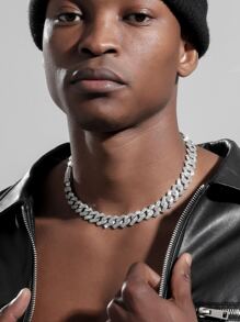 Link Chain Men Men Iced Out Miami Necklace Rhinestone Chain For Men Bling Hip Hop - Silver - View 3