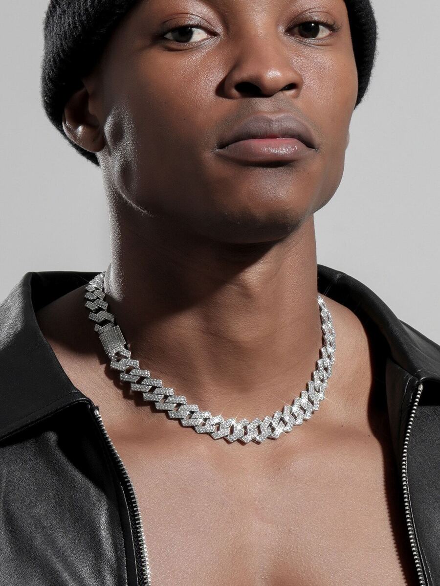 Link Chain Men Men Iced Out Miami Necklace Rhinestone Chain For Men Bling Hip Hop - Silver - View 1