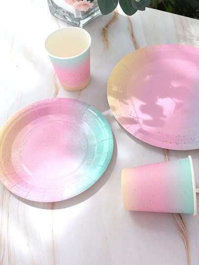 10入組派對餐具一次性生日紙盤子甜品桌子蛋糕紙盤子燙金彩虹盤子安排裝飾餐盤