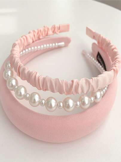 3pcs Sponge & Faux Pearl Decor Hairband