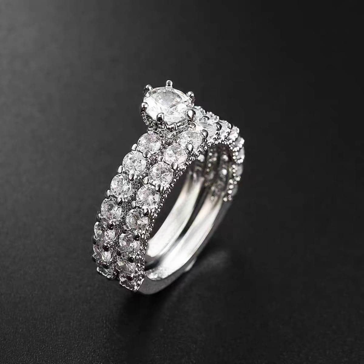 Nhẫn nữ đơn giản thời trang xuyên biên giới châu Âu và Mỹ, Nhẫn cặp đôi ngọt ngào Nhẫn đơn Zirconia kim cương đầy đủ - Bạc - Xem 1