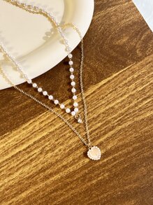 Ngọc trai Giả & Đồ trang trí Rhinestone Mặt dây chuyền trái tim Vòng cổ nhiều lớp - Bạc - Xem 4