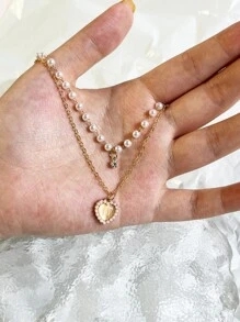 Ngọc trai Giả & Đồ trang trí Rhinestone Mặt dây chuyền trái tim Vòng cổ nhiều lớp - Bạc - Xem 2