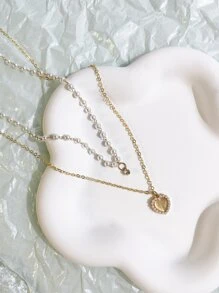 Ngọc trai Giả & Đồ trang trí Rhinestone Mặt dây chuyền trái tim Vòng cổ nhiều lớp - Bạc - Xem 1