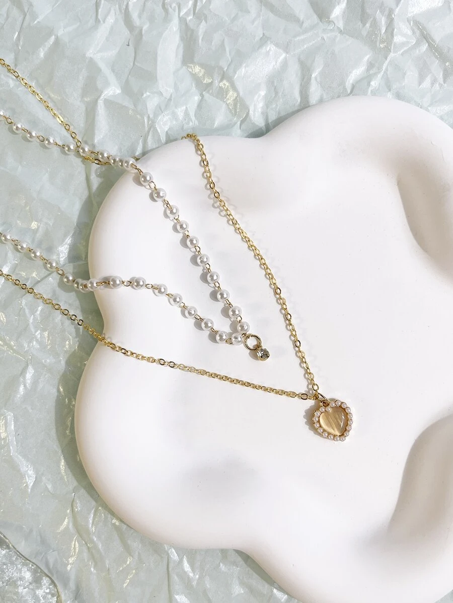 Ngọc trai Giả & Đồ trang trí Rhinestone Mặt dây chuyền trái tim Vòng cổ nhiều lớp - Bạc - Xem 1