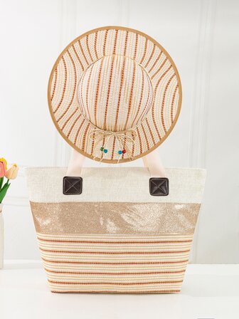 女性大容量托特包和帽套裝帶金屬亮絲條紋裝飾用品