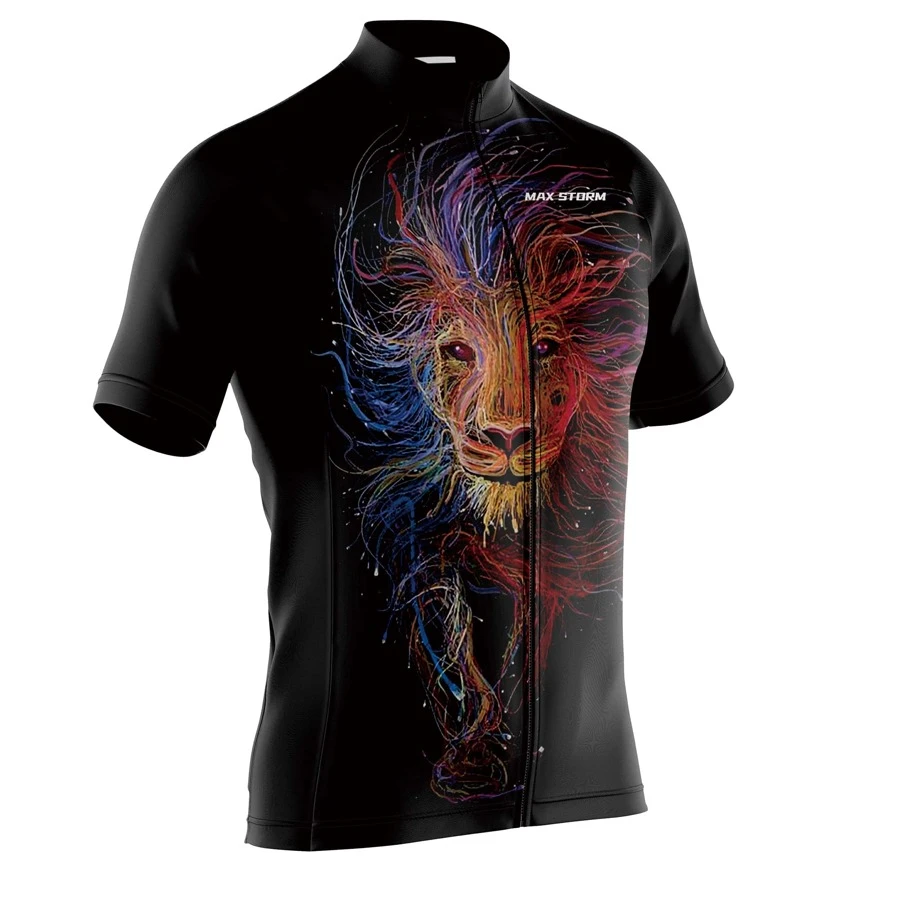 Men Lion Print Mock Neck Cycling Jersey - Black - View 1