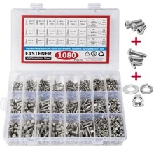 1080PCS Nuts and Bolts Assortment Kit - M3 M4 M5 M6 Screw Set - Button Head & Socket Head Metric Screws - 304 Stainless Steel - Nut & Bolt Assortment Sets. - Silver - View 1