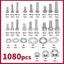 1080PCS Nuts and Bolts Assortment Kit - M3 M4 M5 M6 Screw Set - Button Head & Socket Head Metric Screws - 304 Stainless Steel - Nut & Bolt Assortment Sets. - Silver - View 2