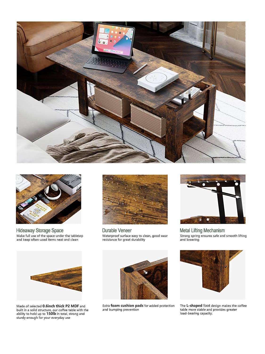 JAMFLY Lift Top Coffee Table Rising Tabletop Dining Table with Hidden