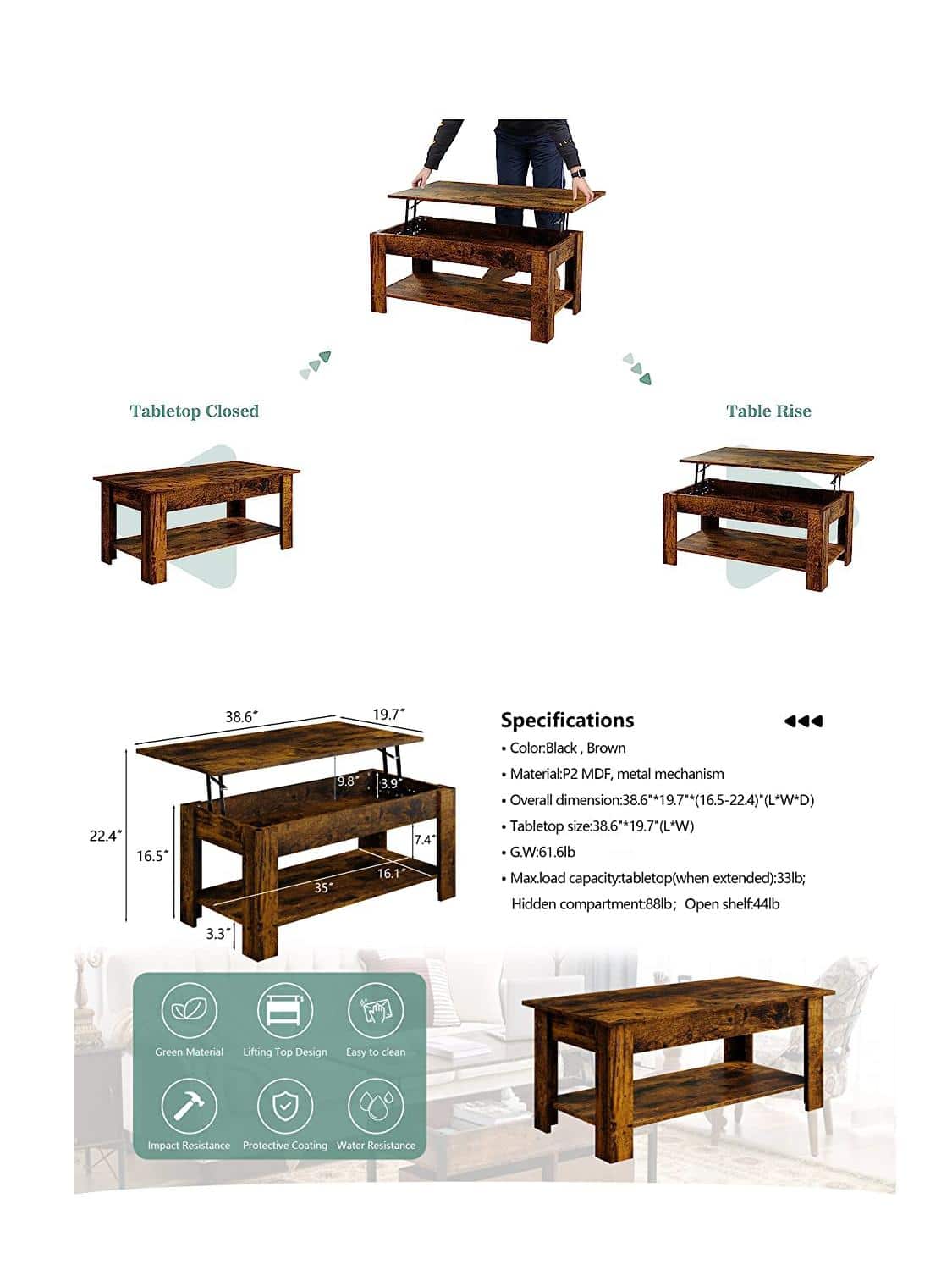 JAMFLY Lift Top Coffee Table Rising Tabletop Dining Table with Hidden