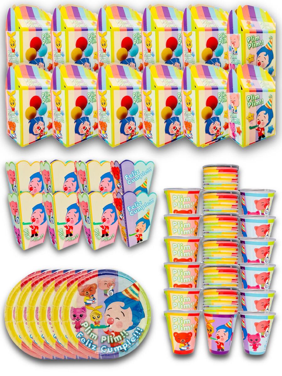 Kit de Fiesta de Personajes PlimPlim Desechables 40 pz Artículos Carton Platos Vasos Dulceros Palomeros 10 invitados - Negro - Ver 1