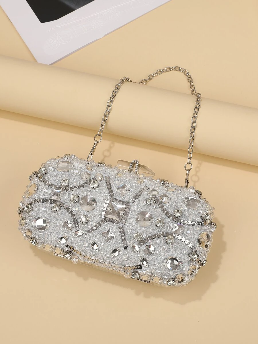 Silver Rhinestone Decor Flip Clutch Bag For Evening Party - Silver - View 1