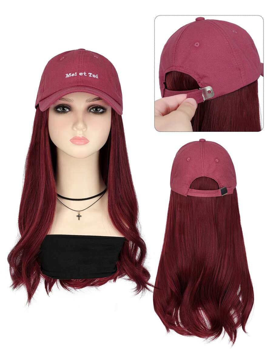 Synthetic Fiber Matte High-temperature Wire Lady Wig Cap With Wine Red Long Wavy Curly Hair - Burgundy - View 1