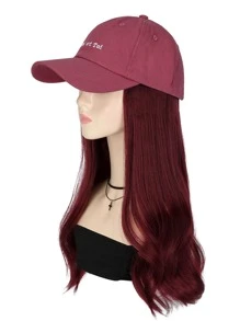 Synthetic Fiber Matte High-temperature Wire Lady Wig Cap With Wine Red Long Wavy Curly Hair - Burgundy - View 4
