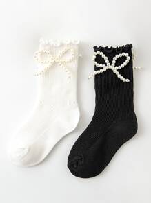 2 Pairs Girls' Socks With Pearl Bow Decor, French Princess Style, Sweet & Cute, Skin-Friendly, Soft, Versatile Ruffle Hem Knee-High Socks, Suitable For Autumn/Winter Daily Wear Or Holiday/Valentine's Day Outfit - Black and White - View 2