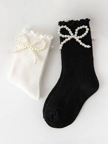 2 Pairs Girls' Socks With Pearl Bow Decor, French Princess Style, Sweet & Cute, Skin-Friendly, Soft, Versatile Ruffle Hem Knee-High Socks, Suitable For Autumn/Winter Daily Wear Or Holiday/Valentine's Day Outfit - Black and White - View 4