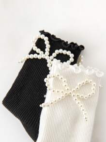 2 Pairs Girls' Socks With Pearl Bow Decor, French Princess Style, Sweet & Cute, Skin-Friendly, Soft, Versatile Ruffle Hem Knee-High Socks, Suitable For Autumn/Winter Daily Wear Or Holiday/Valentine's Day Outfit - Black and White - View 5