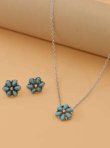 A花形新款時尚簡約受歡迎綠松石色項鍊和耳環套裝 - 彩色 - 查看 2