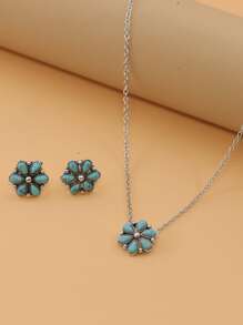 A花形新款時尚簡約受歡迎綠松石色項鍊和耳環套裝 - 彩色 - 查看 1