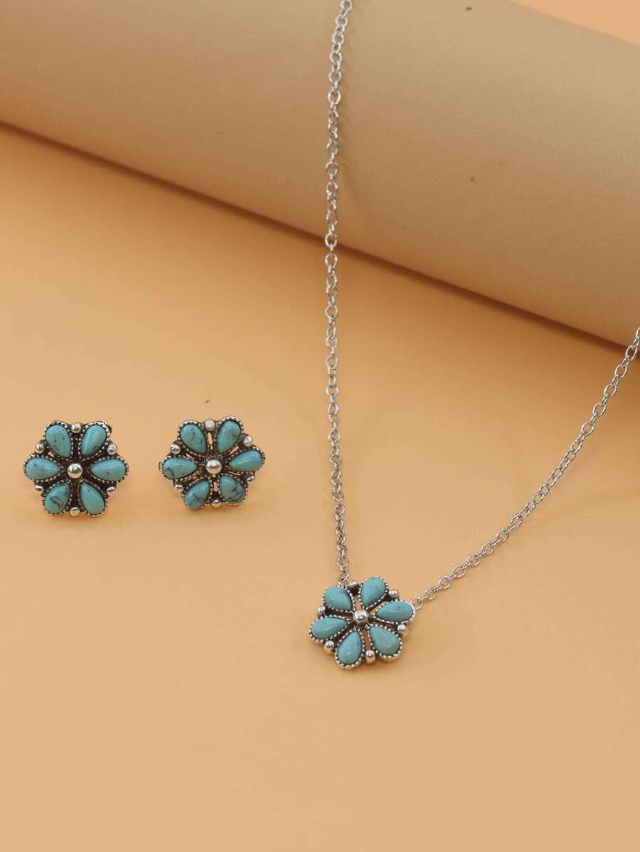 A花形新款時尚簡約受歡迎綠松石色項鍊和耳環套裝 - 彩色 - 查看 1