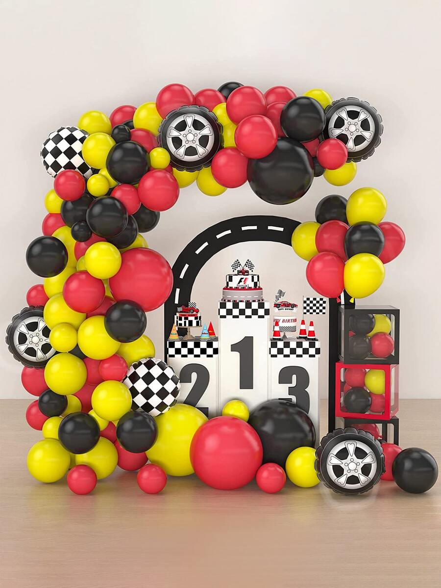 123 piezas/set Equipo de arcos y guirnaldas de globos con tema de carreras de autos para fiesta de cumpleaños, decoración con globos de hojas metálicas a cuadros, suministros para fiesta de autos, Navidad - Multicolor - Ver 1