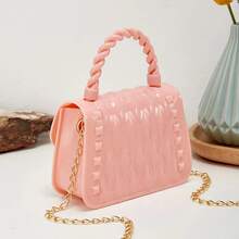 Mini Đúng mốt PVC Flip Che phủ Túi xách tay Với Kim loại Chuỗi - Hồng - Xem 4