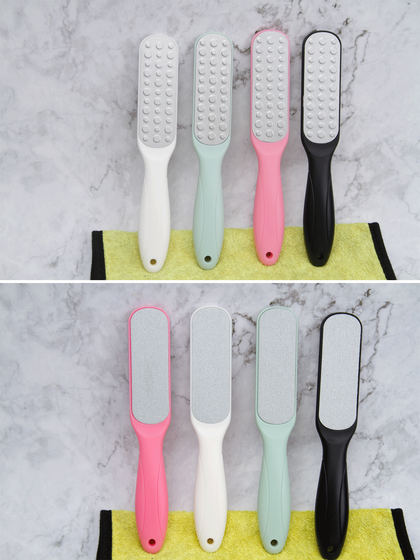 Grinding feet to remove dead skin and calluses, rubbing feet, rubbing