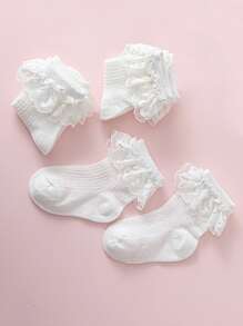 3 pares/paquete Calcetines estilo princesa encaje blanco malla transpirable con con patrón floral para uso diario