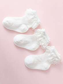 3 pares/paquete Calcetines estilo princesa encaje blanco malla transpirable con con patrón floral para uso diario
